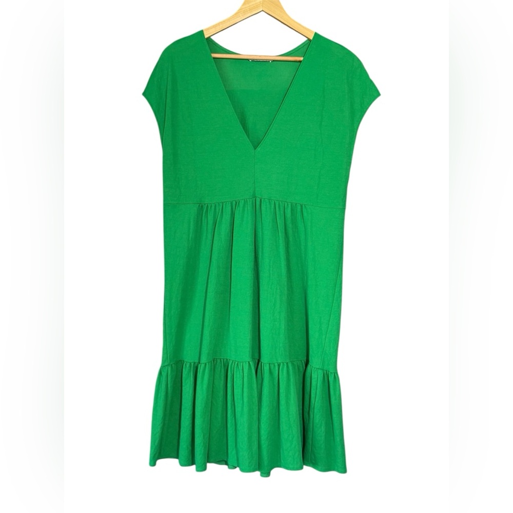 Zara Women’s Green Tiered Midi Ruffled Short Sleeve V-neck Dress Size SMALL - Picture 8 of 9